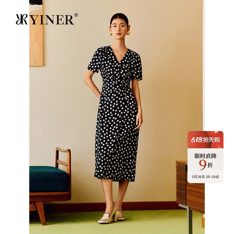 YINER音儿女装夏季复古波点印花V领高腰弹力桑蚕丝连衣裙