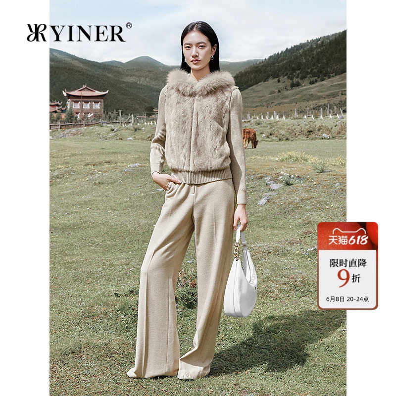 YINER音儿女装冬季水貂拼接羊毛混纺针织狐狸毛领皮草外套