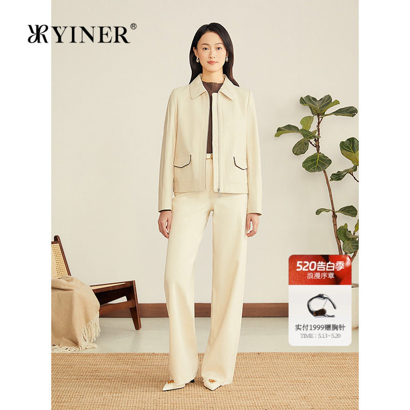 YINER音儿专选女装秋柔软肌理翻领短款绵羊真皮皮衣夹克外套