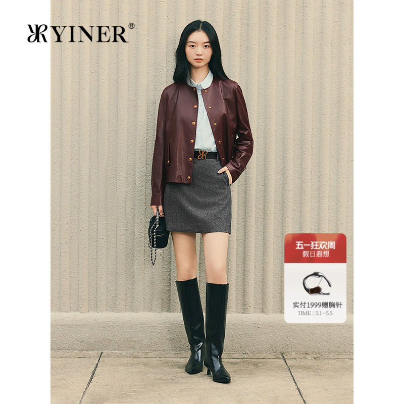 YINER音儿专选女装通勤时尚法式复古油蜡皮工艺绵羊真皮皮衣外套
