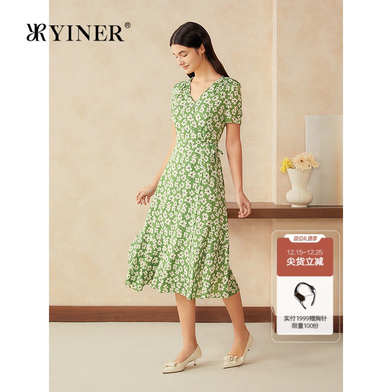 【周末花园】YINER音儿专选2025夏新款真丝百合印花茶歇裙连