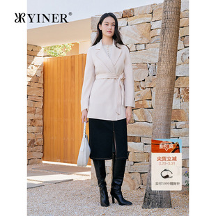 YINER音儿专选2025冬季 阿拉善山羊绒本布腰带一手长毛呢大衣 新款