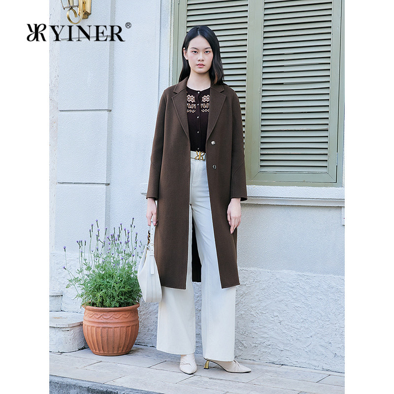 YINER音儿专选女装冬季气质中长款西装领蚕丝羊毛混纺双面呢大衣