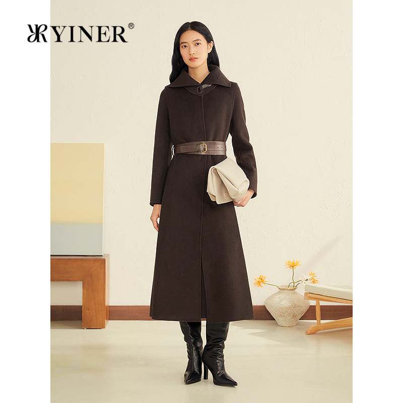 YINER音儿2025冬季新款法式羊毛羊绒混纺A摆系带交叠翻领长