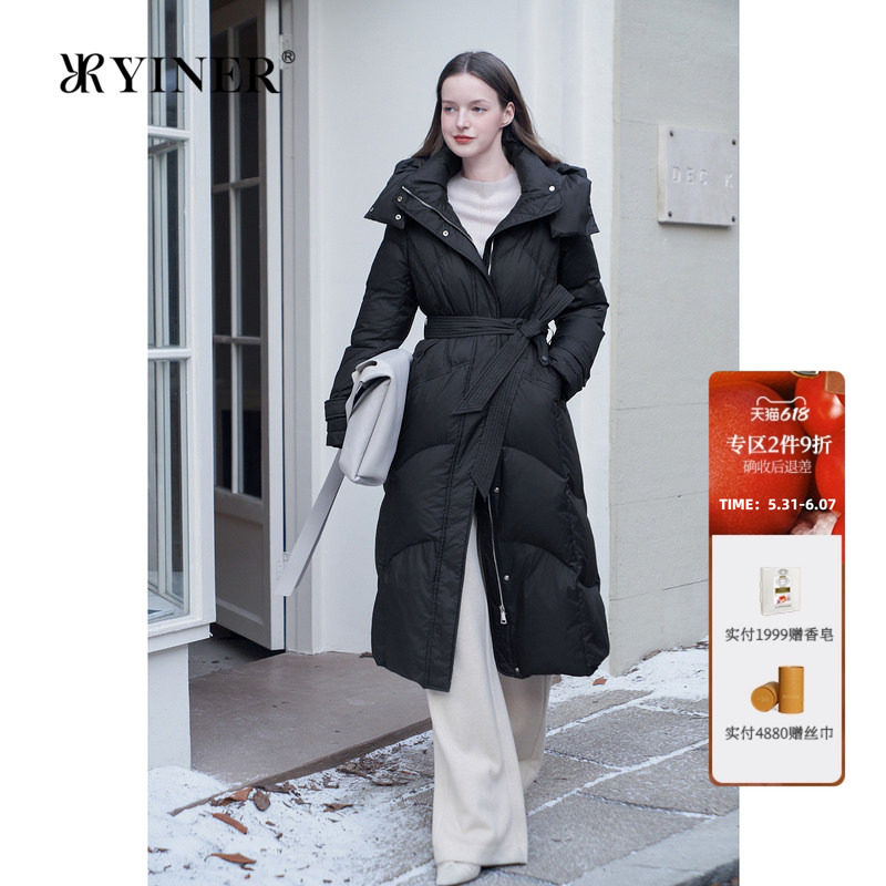 YINER音儿专选女装春季长款高克重厚实保暖连帽白鹅绒羽绒服