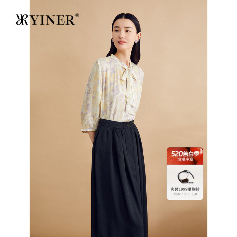 【真丝系列】YINER音儿女装通勤16MM横斜绉桑蚕丝衬衫碎花上