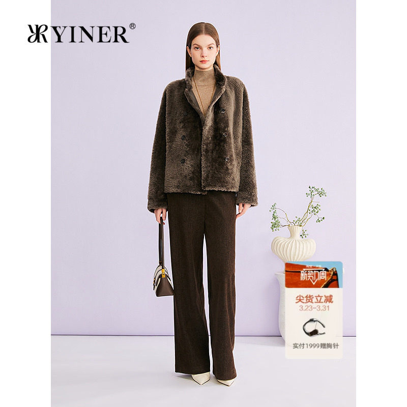 YINER音儿专选2026春季新款立领双排扣羊皮毛一体皮草外套