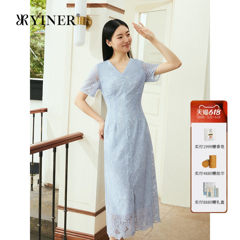 YINER音儿专选女装夏季法式V领蝶恋花蕾丝花边微收腰连衣裙