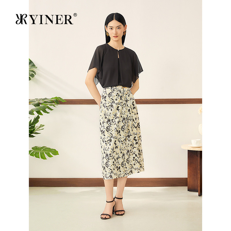 YINER音儿女装秋季云境珠感雪纺蕾丝衫蝶翼袖水滴领倒褶上衣