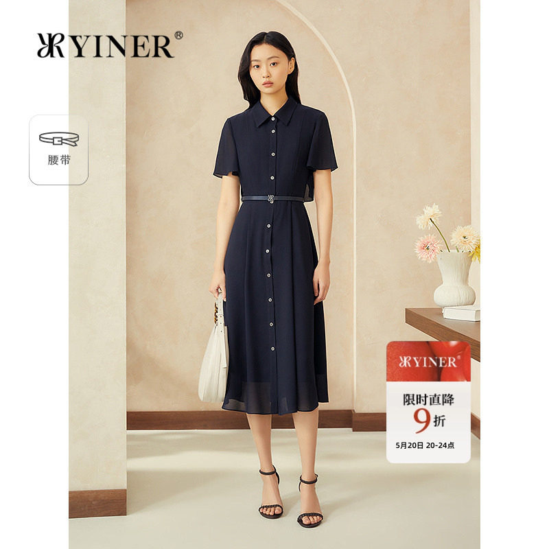YINER音儿专选女装夏季复古翻领透气雪纺衬衫领收腰连衣裙