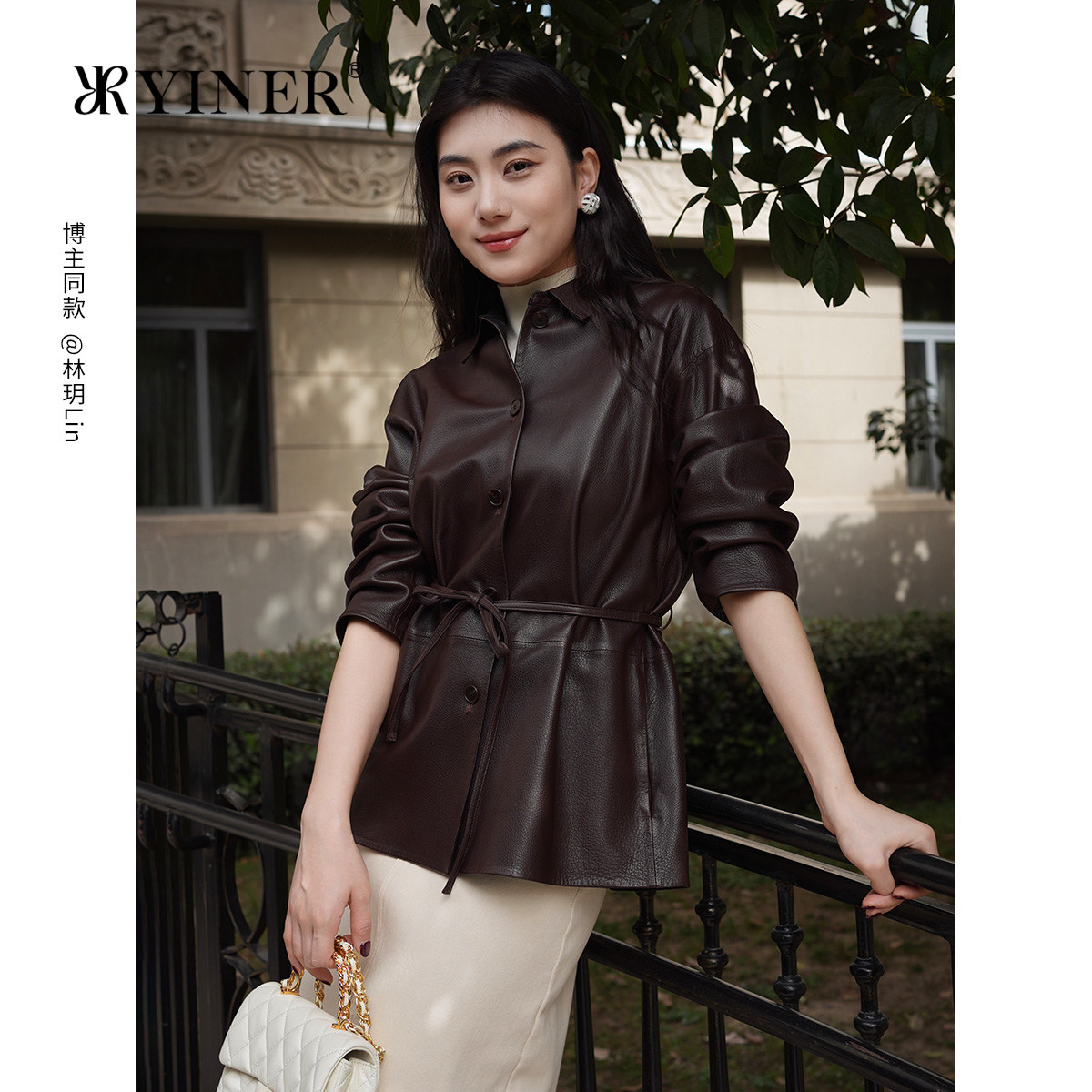 YINER音儿专选2026秋季新款时尚翻领系带羊皮革真皮皮衣夹克