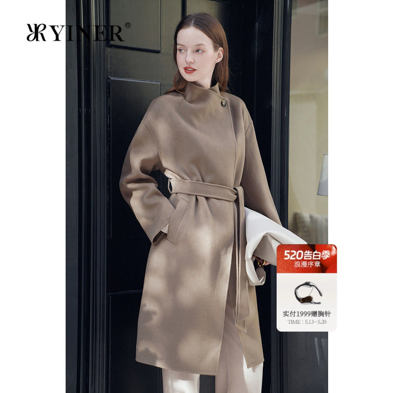 YINER音儿专选女装冬季法式可翻可立领羊毛羊绒混纺双面呢大衣