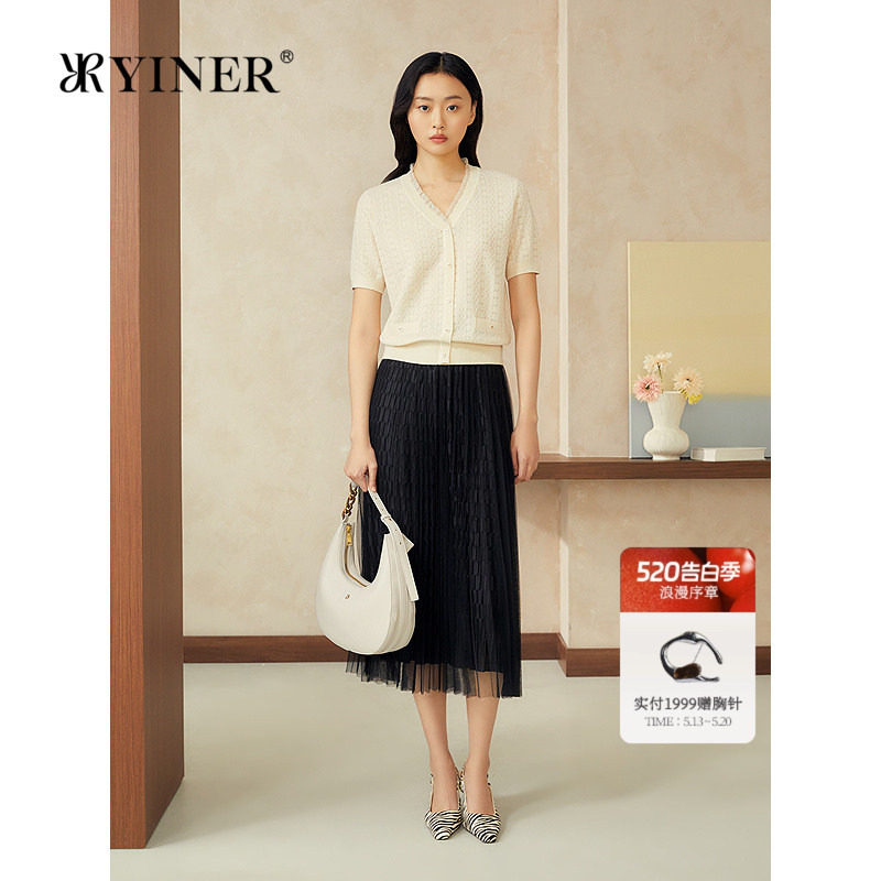 YINER音儿专选女装夏季莱赛尔天丝羊毛混纺时尚提花针织衫