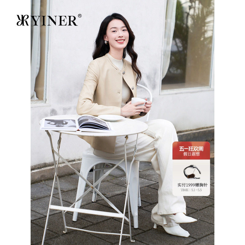 YINER音儿专选女装秋季新中式镂空圆领收腰绵羊真皮皮衣夹克外套