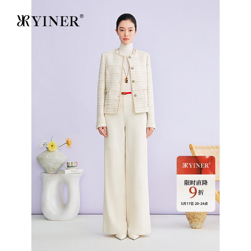 YINER音儿2026春季新款小香风圆领H型织带包边亮丝粗花呢短