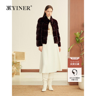 酒红色丹麦水貂重工钉珠H型短款 法式 皮草 新款 YINER音儿2025冬季