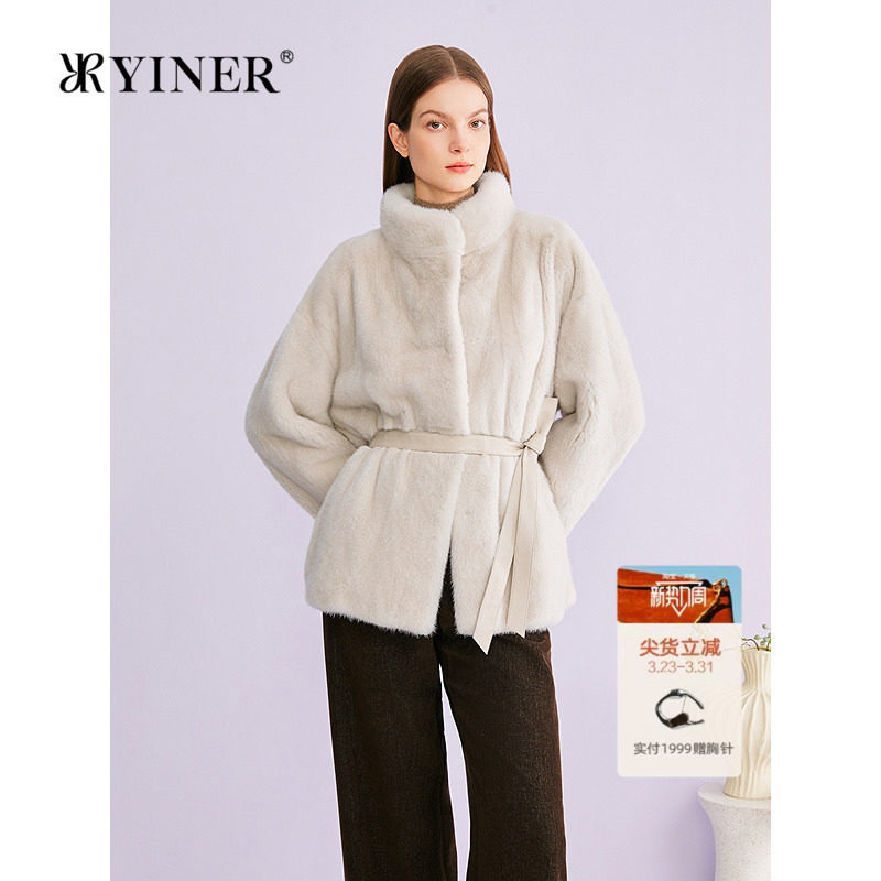 YINER音儿专选2026春季新款优雅立领进口天鹅绒水貂毛皮草外
