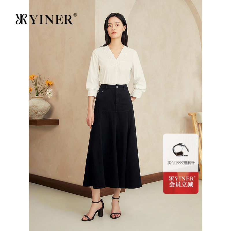 YINER音儿女装女装夏季法式艺术刺绣V领七分袖衬衫上衣