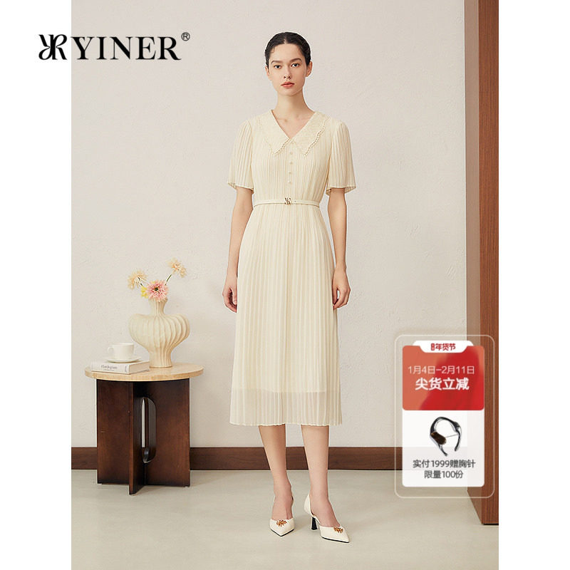 YINER音儿专选2025夏季新款法式刺绣蕾丝V领压褶H型轻薄连