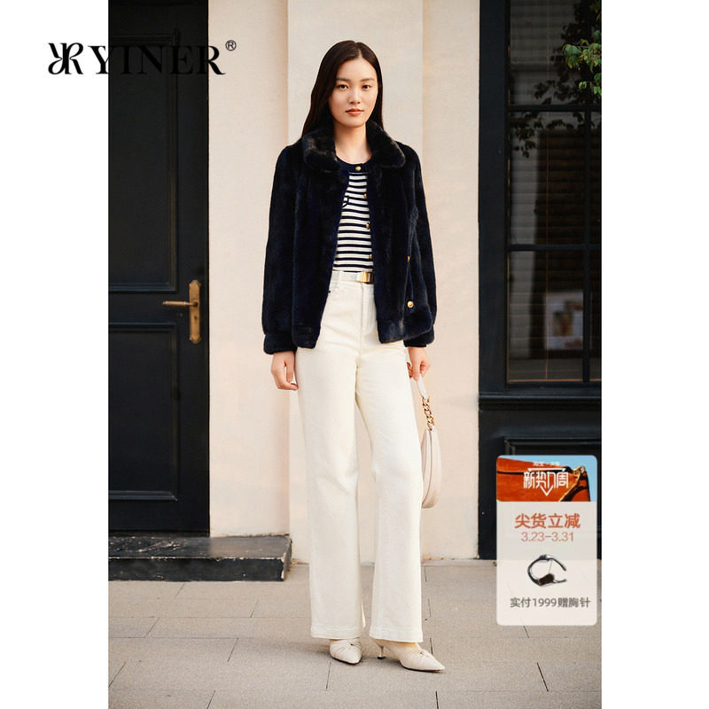 YINER音儿专选女装春季法式千金奢感短款翻领水貂毛皮草外套