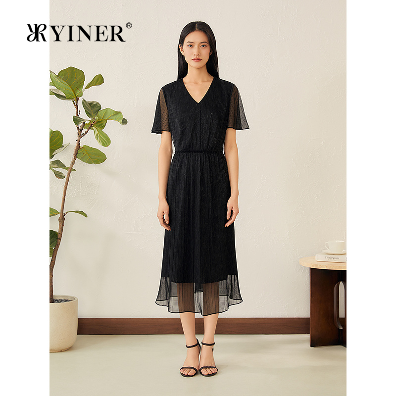 YINER音儿专选2025夏季新款法式V领美人鱼闪葱亮丝礼服连衣裙