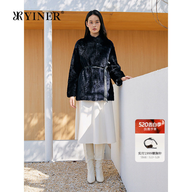 YINER音儿专选女装冬季优雅时尚一手长立领羊皮毛一体皮草外套