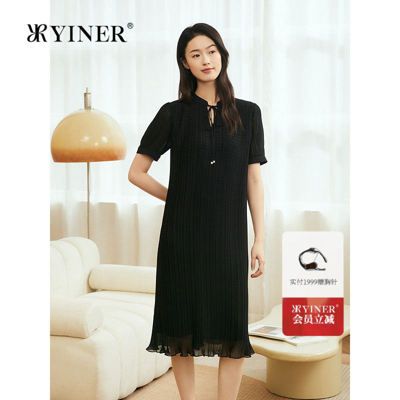 YINER音儿专选女装夏季新中式系带半开领艺术皱褶显瘦连衣裙