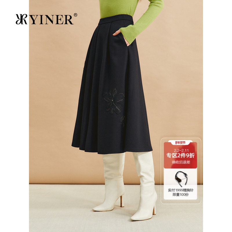 【木兰花系列】YINER音儿冬季100羊毛绣花小黑裙半身裙
