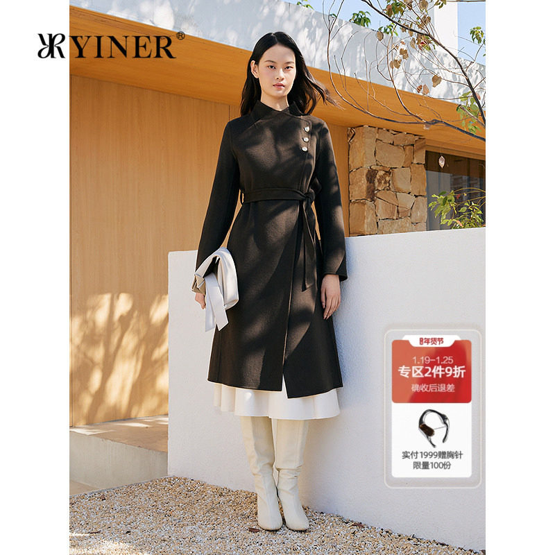 YINER音儿专选2025冬季新款纽扣斜门襟羊毛羊绒混纺双面呢大衣,女装/女士精品,毛呢外套,淘宝优惠券,粉丝福利购,淘宝优惠卷