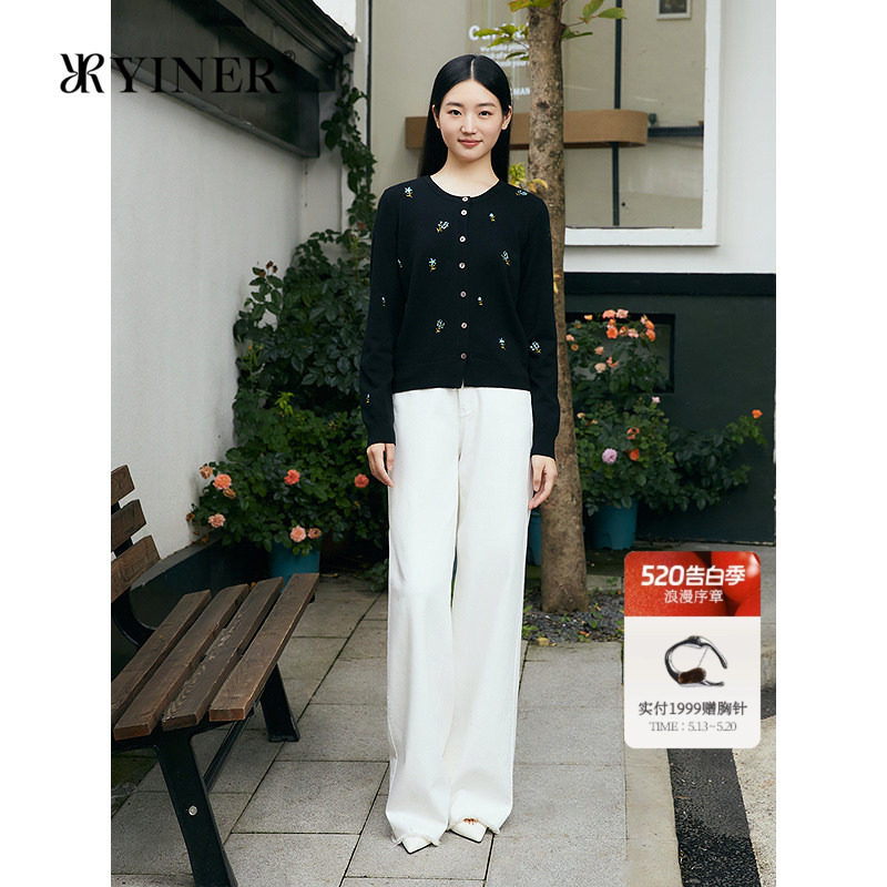 YINER音儿专选女装秋季时尚美丽诺羊毛花卉绣花圆领针织开衫