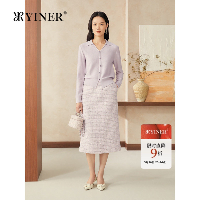 YINER音儿女装春季新中式桑蚕丝羊毛混纺海鸥领针织衫
