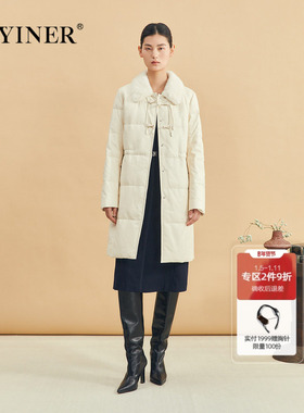 YINER音儿专选女装冬季新中式盘扣中长款水貂毛翻领真皮羽绒服