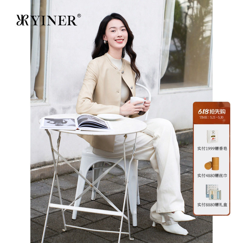 YINER音儿专选女装新中式镂空圆领收腰显瘦绵羊真皮皮衣夹克外套