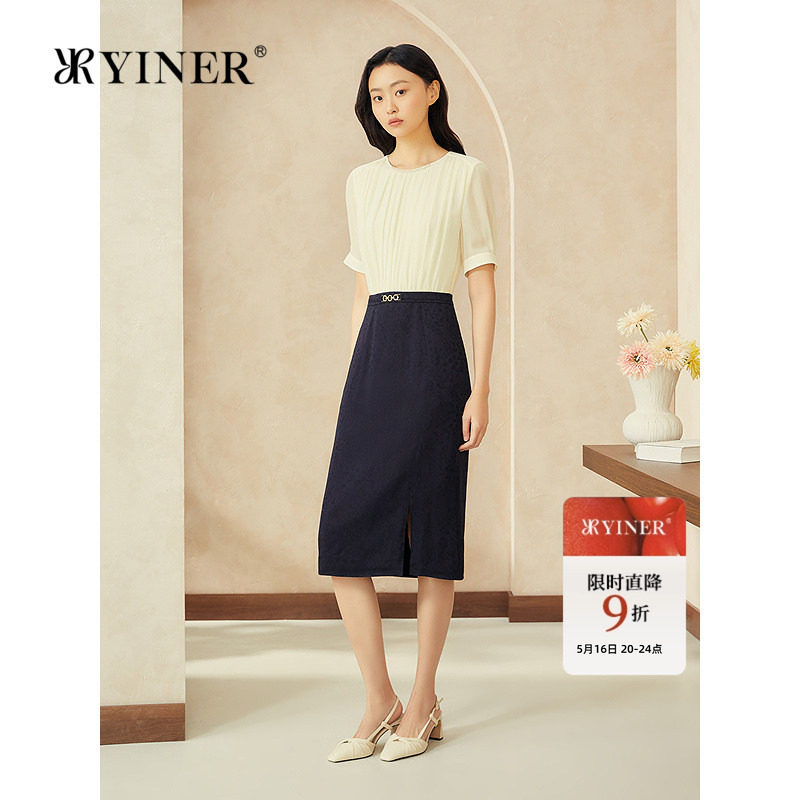 YINER音儿专选女装夏季新中式钉珠装饰提花假两件撞色连衣裙