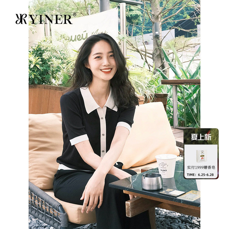 YINER音儿女装夏季时尚撞色翻领100桑蚕丝真丝针织衫套头