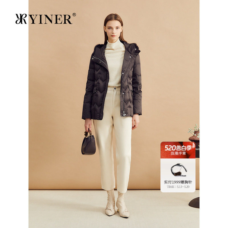 【聚暖白鹅绒】YINER音儿冬季美拉德水貂毛领蓬松羽绒服