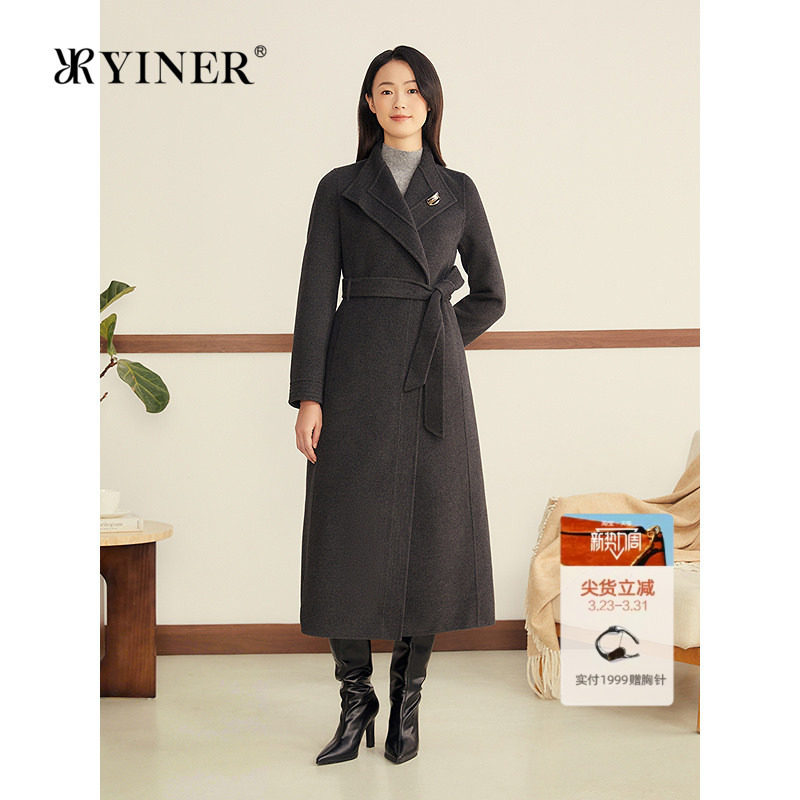 YINER音儿2025冬季新款法式大翻领羊毛羊绒混纺手缝双面呢大