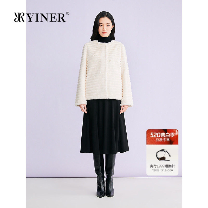 YINER音儿专选2026春季新款优雅奢感短款钉珠环保仿皮草外套
