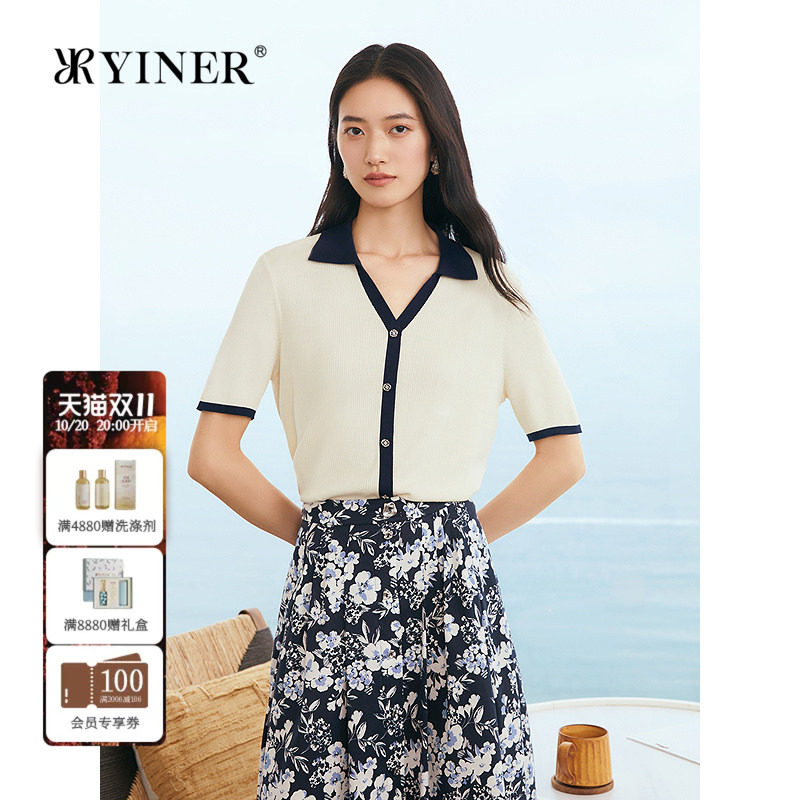 YINER音儿女装夏季优雅时尚撞色海鸥领桑蚕丝混纺针织衫