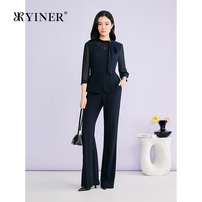 YINER音儿专选2026夏季新款优雅通勤系带圆领醋酸混纺衬衫上