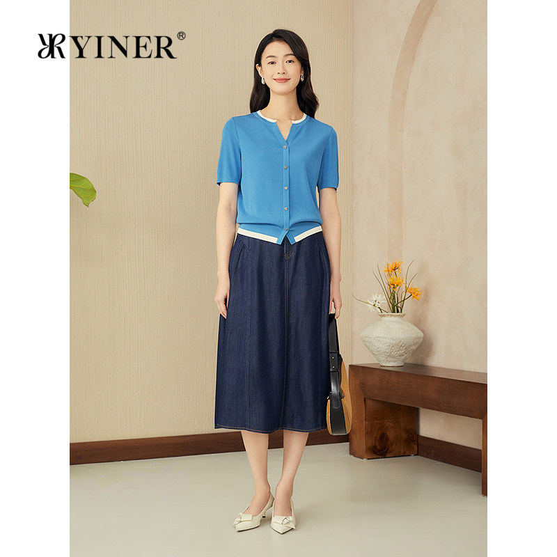 YINER音儿女装夏季薄款优雅时尚撞色半开领蚕丝混纺针织衫