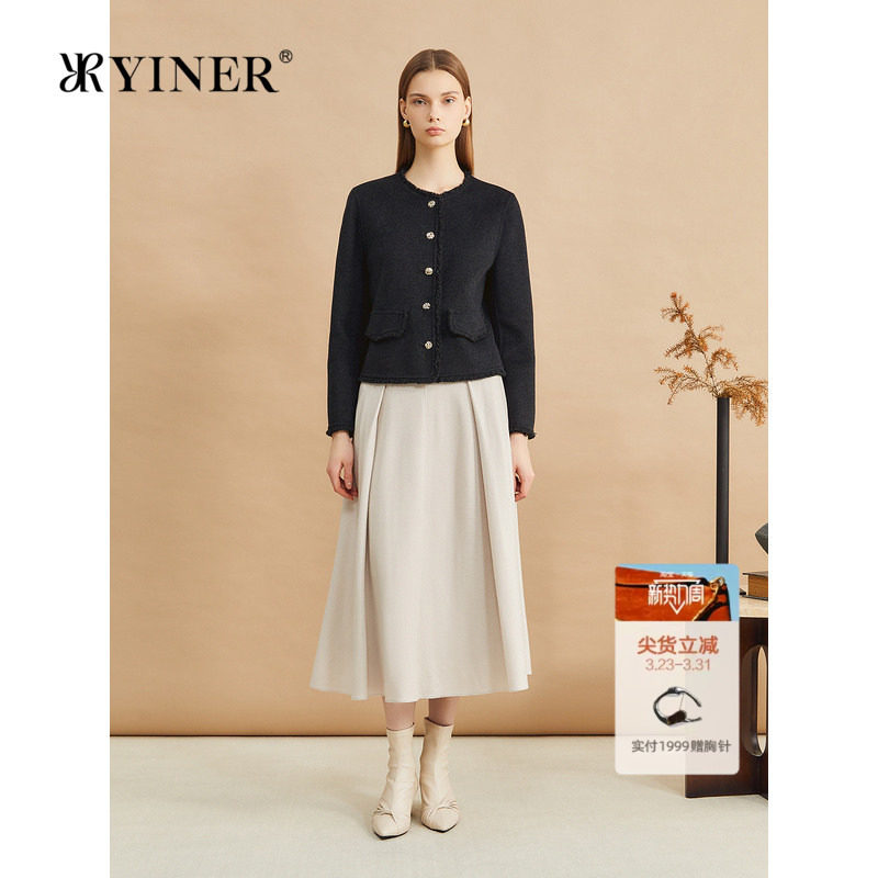 YINER音儿专选冬季小香风短款毛边羊毛双面呢外套
