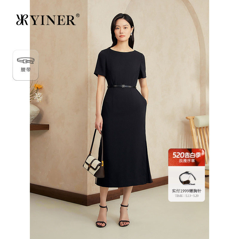 YINER音儿女装夏季优雅醋酸混纺小黑裙通勤收腰圆领连衣裙