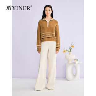撞色前拉链翻领羊毛羊绒混纺针织衫 YINER音儿专选2026春季 新款