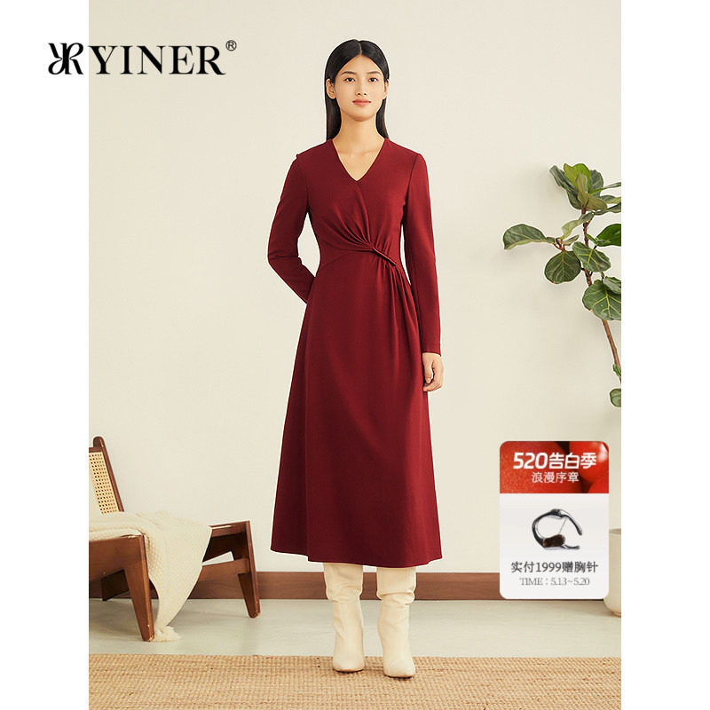 YINER音儿女装秋季法式乱麻肌理羊毛羊绒混纺V领收腰连衣裙