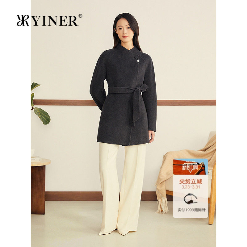 YINER音儿2025冬季新款法式一手长系带羊毛羊绒混纺双面呢大