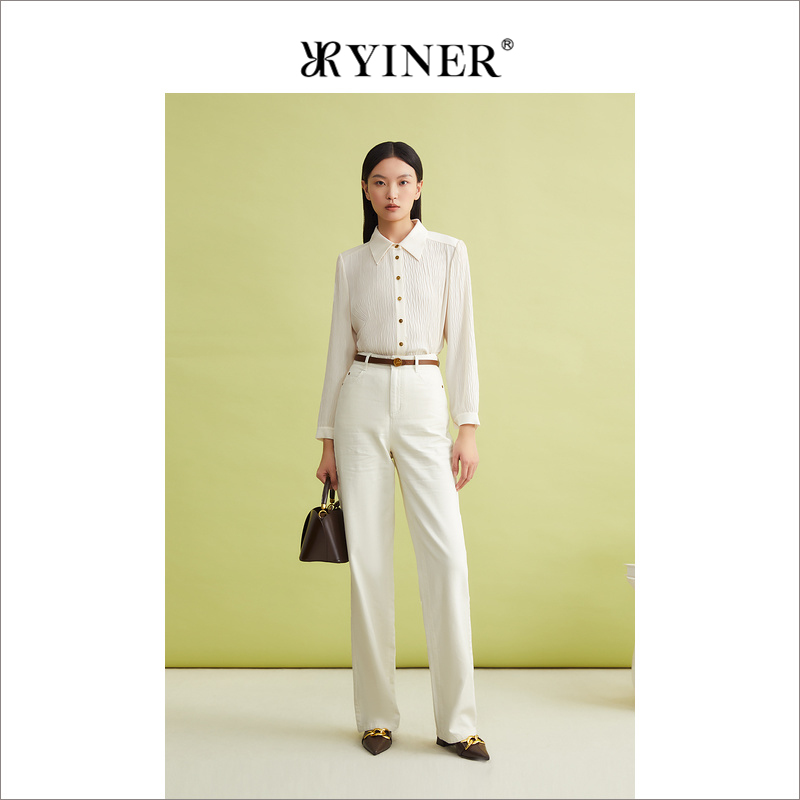 【醋酸系列】YINER音儿女装春季竹叶子压褶米白色衬衫