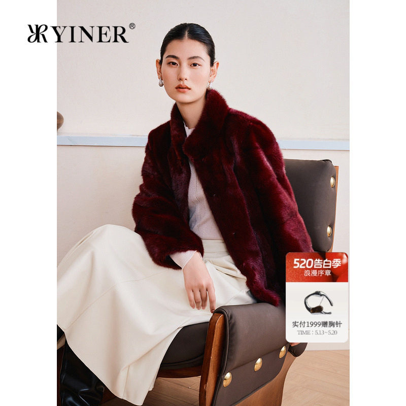 YINER音儿专选女装春季安可拉红中式立领整貂水貂毛皮草外套