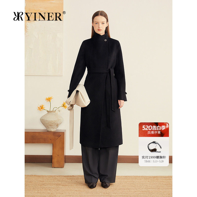 YINER音儿专选女装秋季法式翻立领羊毛羊绒混纺双面呢大衣