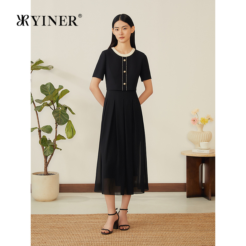YINER音儿专选2025新款法式高光小黑裙假两件收腰雪纺连衣裙
